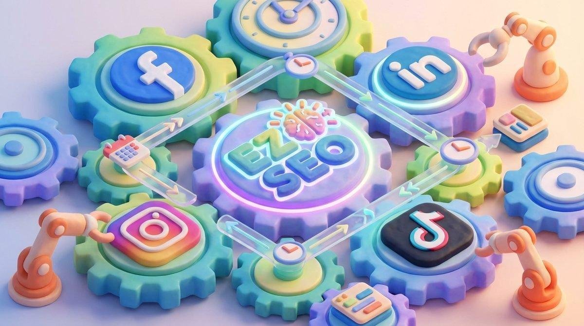 Hệ thống tự động hóa mạnh mẽ của EZ SEO, thể hiện sức mạnh của Công cụ lên lịch bài đăng Social tự động trong việc kết nối các nền tảng.